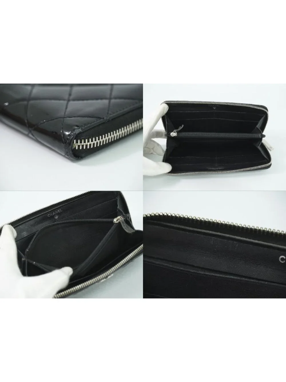 Chanel CC Logo Quilted Round Zip Wallet Patent Leather Black